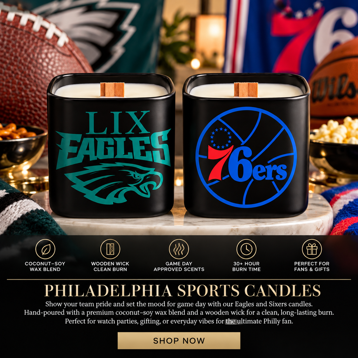 Title: Philadelphia Game Day Candles – 10 oz Eagles & Sixers Inspired